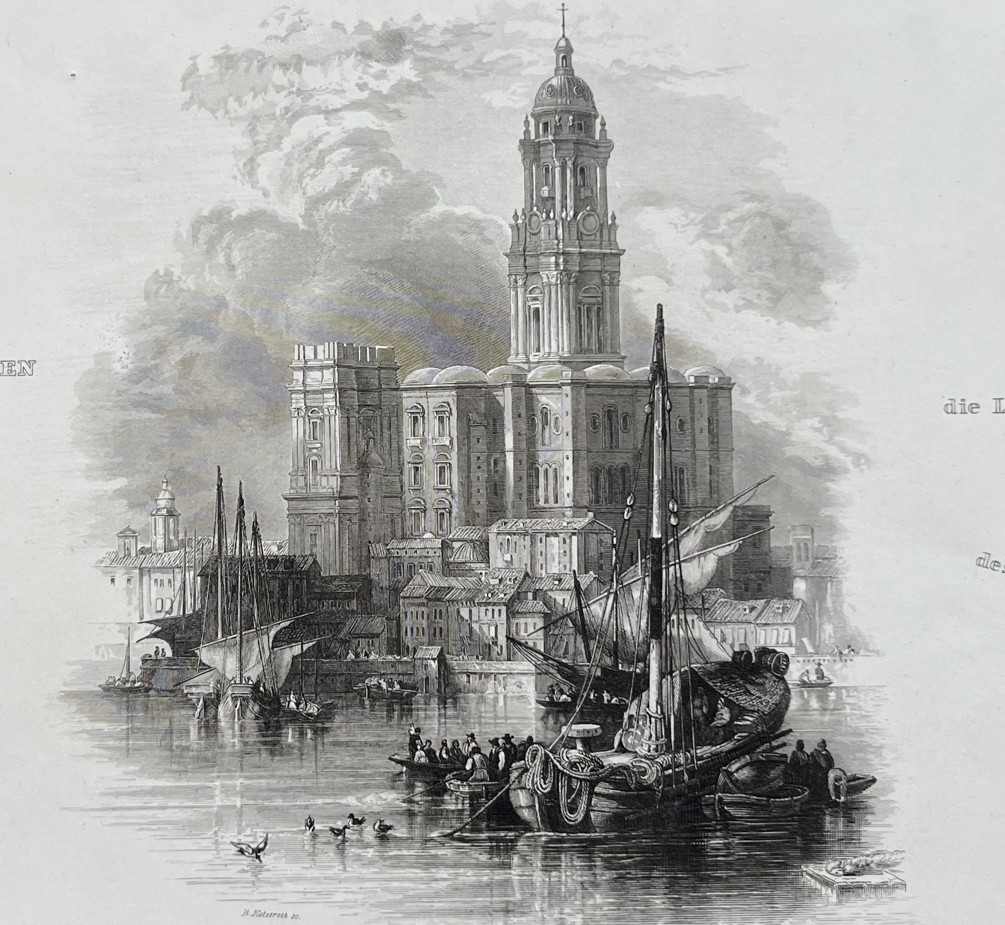 Vista desde el mar de la catedral de Málaga (España9, ca. 1850. Meyer's Universum