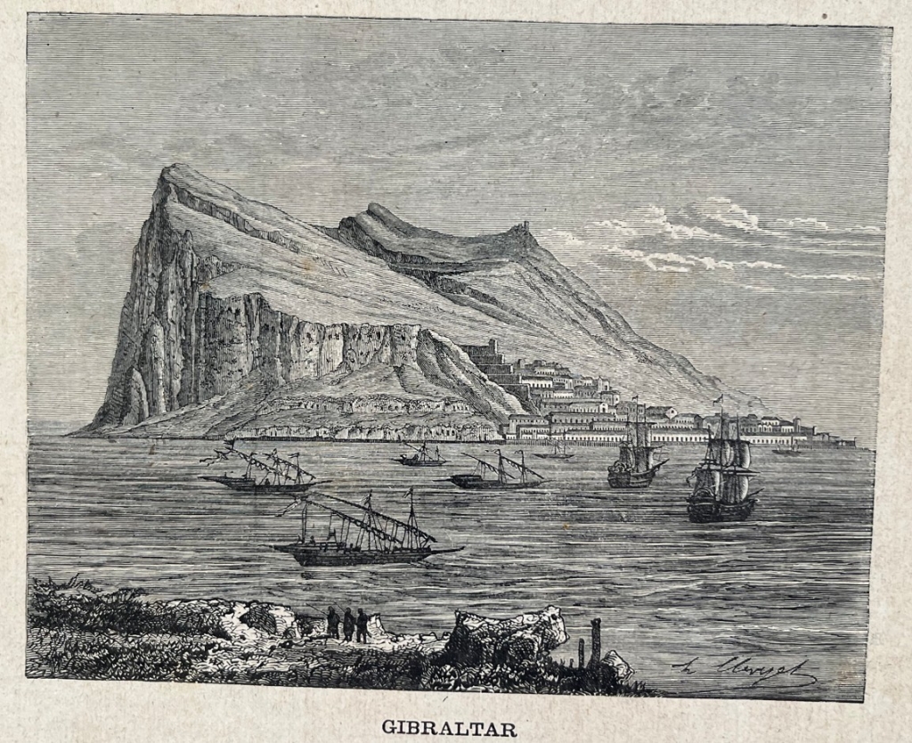 Vista del peñón de Gibraltar (sur de España) y retratos, hacia 1880