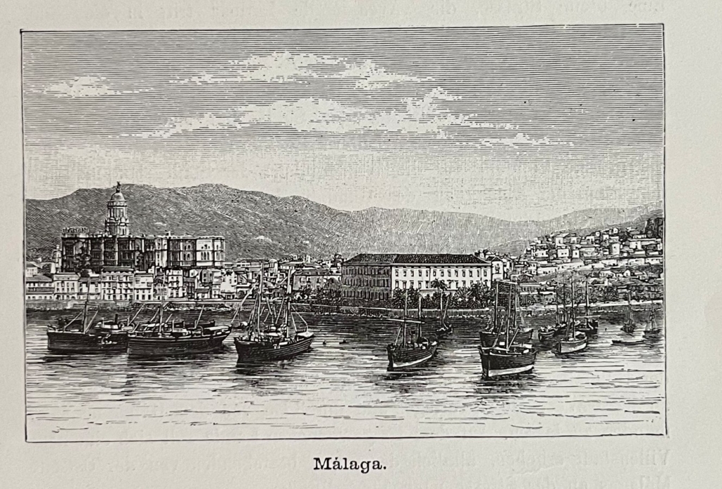 Vista panorámica de Málaga (España) desde el mar, hacia 1890. Anónimo