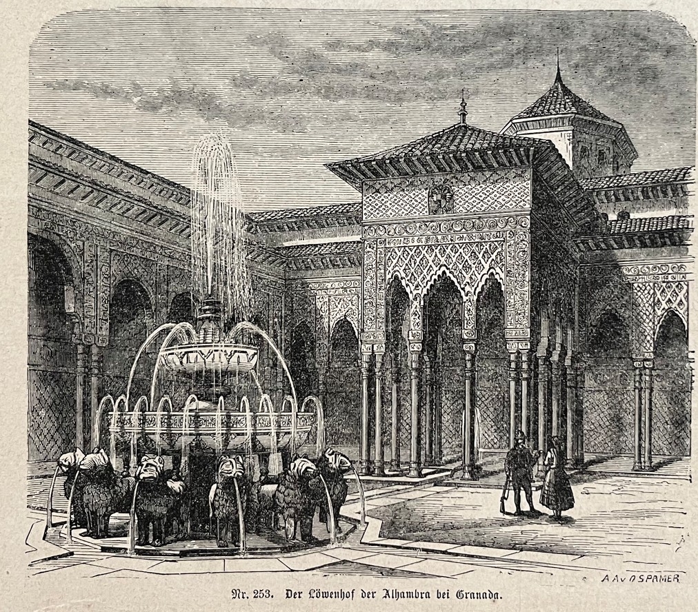 Patio y fuente de Los Leones en la Alhambra de Granada (España), 1870. Spamer