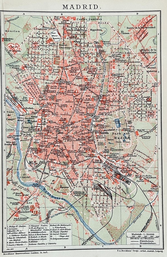 Plano a color de la ciudad de Madrid (España), hacia 1890. F.A. Brockhaus