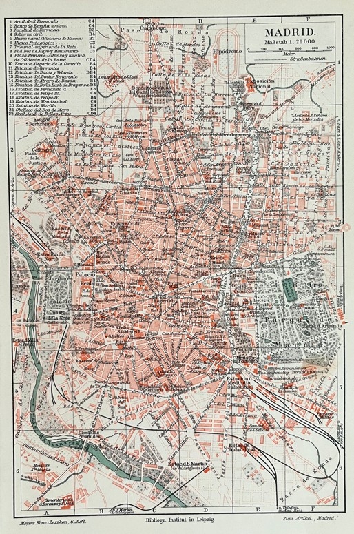 Plano a color de la ciudad de Madrid (España), hacia 1895. Bibliogr. Institut.