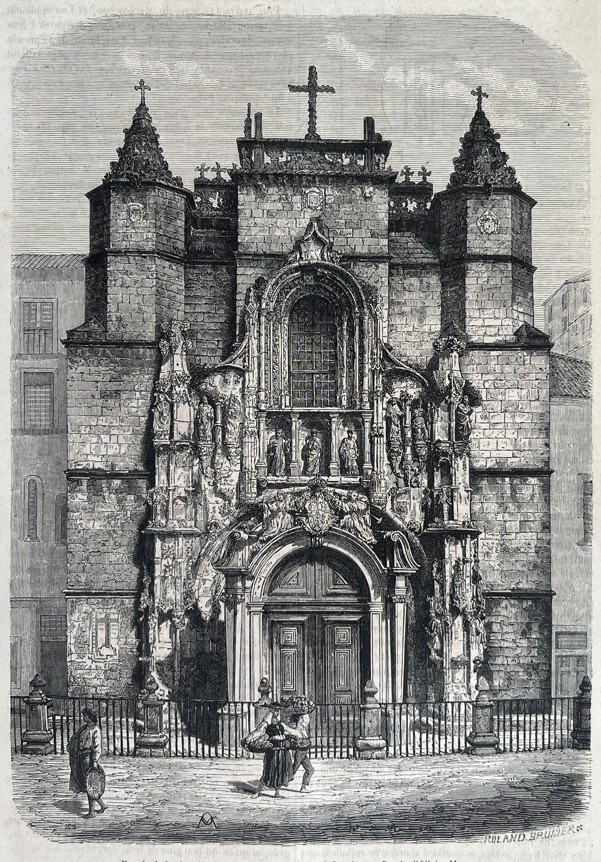 Vista de la fachada de la iglesia  de Santa Cruz, en Coímbra (Portugal), 1865. Merson/Brunier