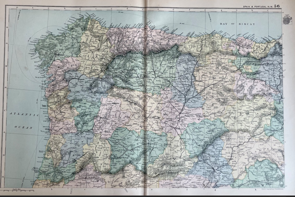 Gran mapa a color del norte de España, 1893. G. W. Bacon