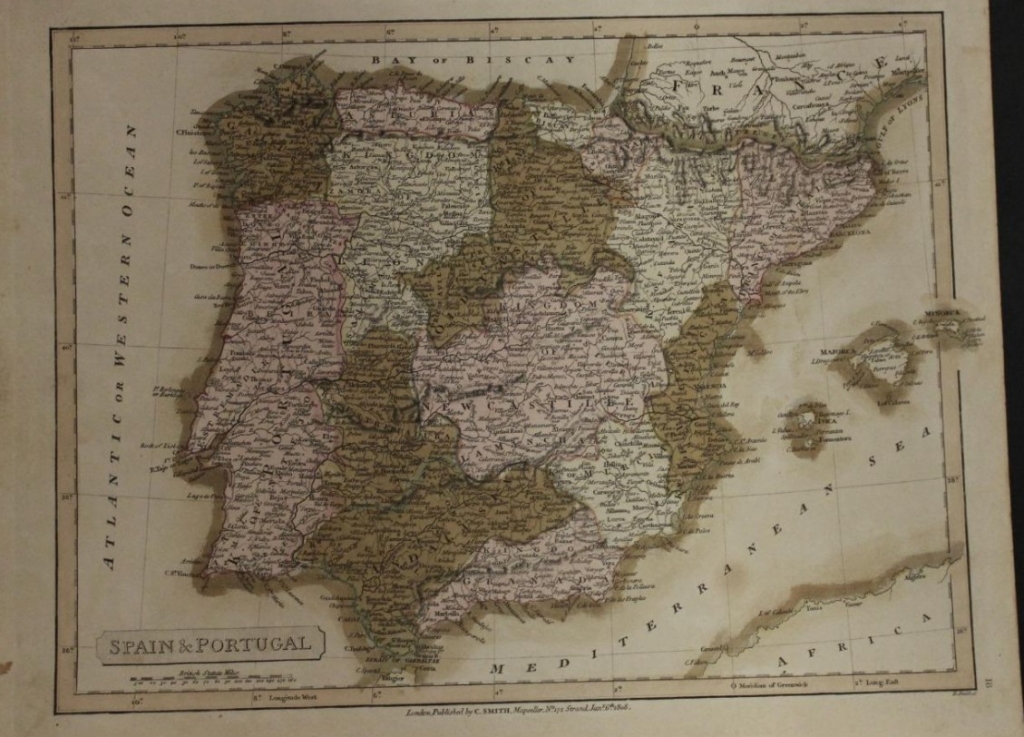 Mapa a color de España y Portugal, 1808. Charles Smith