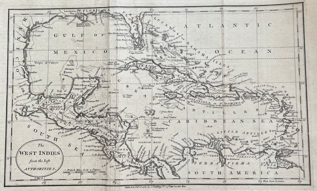 Mapa de América central , Antillas y mar Caribe, 1783. Cary/Fielding/Seally