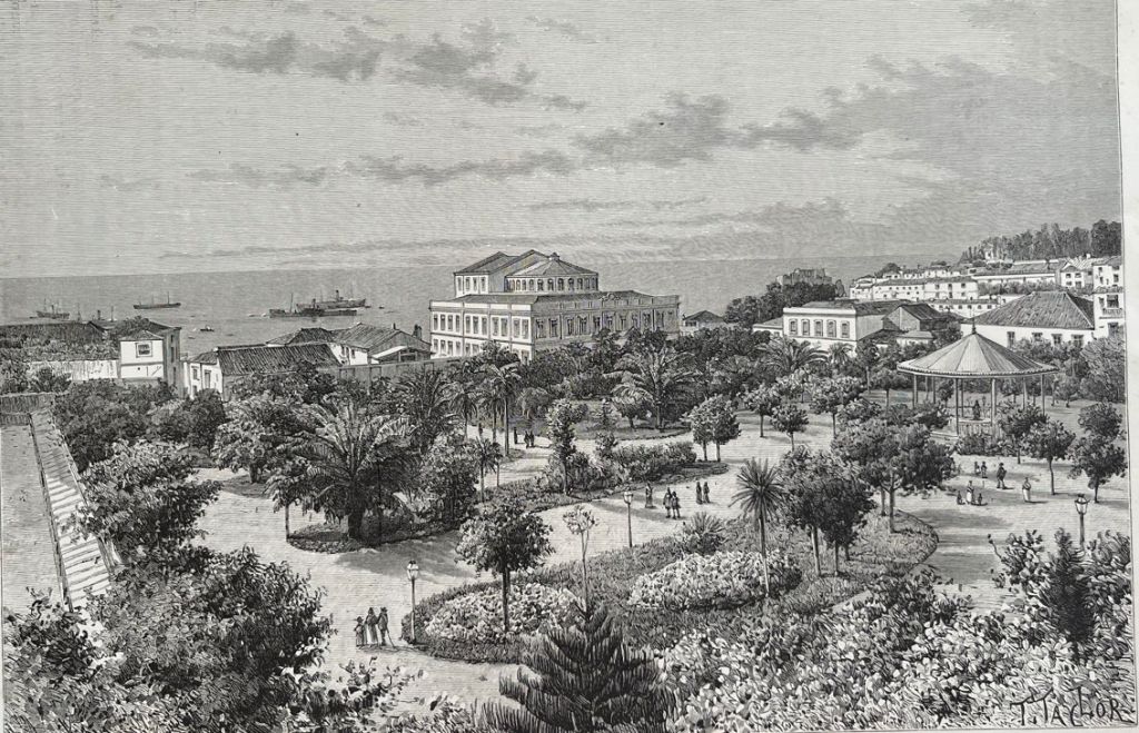 Vista del Teatro y jardín público de la ciudad de Funchal (Madeira, Portugal). Taylor