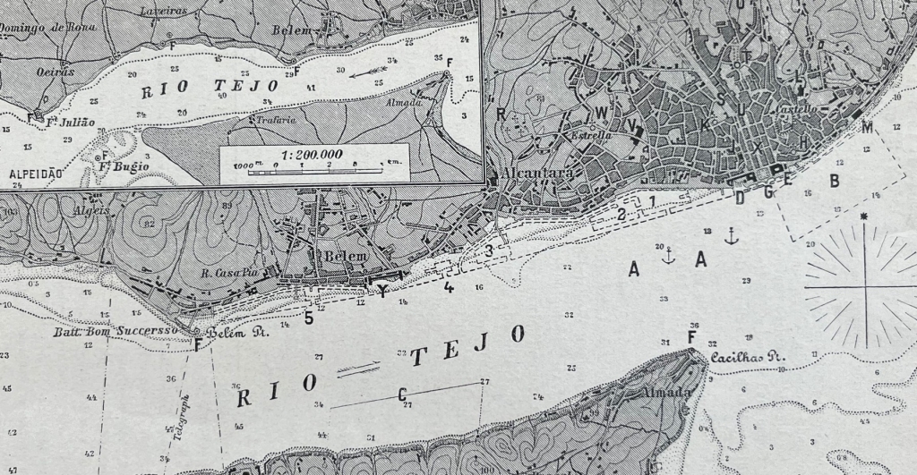 Mapa de la desemboradura del río Tajo  (Lisboa, Portygal), hacia 1890. Anónimo