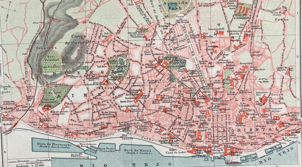 Plano a color de Lisboa (Portugal), hacia 1890. F.A. Brockhaus