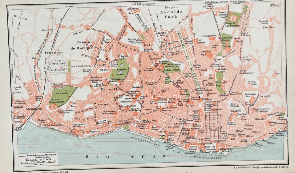 Mapa color de Lisboa (Portugal), hacia 1890. F.A. Brockhaus