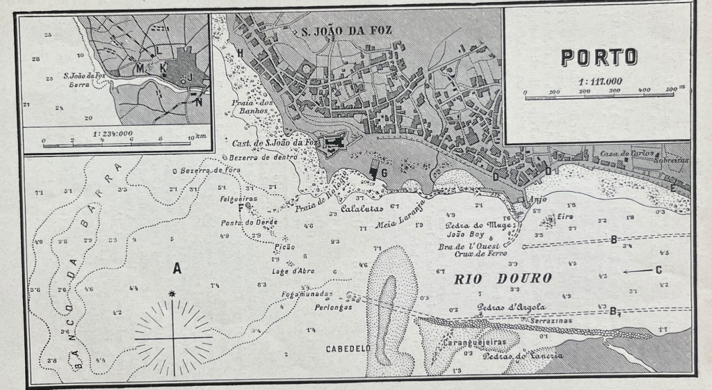 Mapa-plano de la  desembocadura del Duero,  Porto (Portugal), hacia 1890. Anónimo alemán