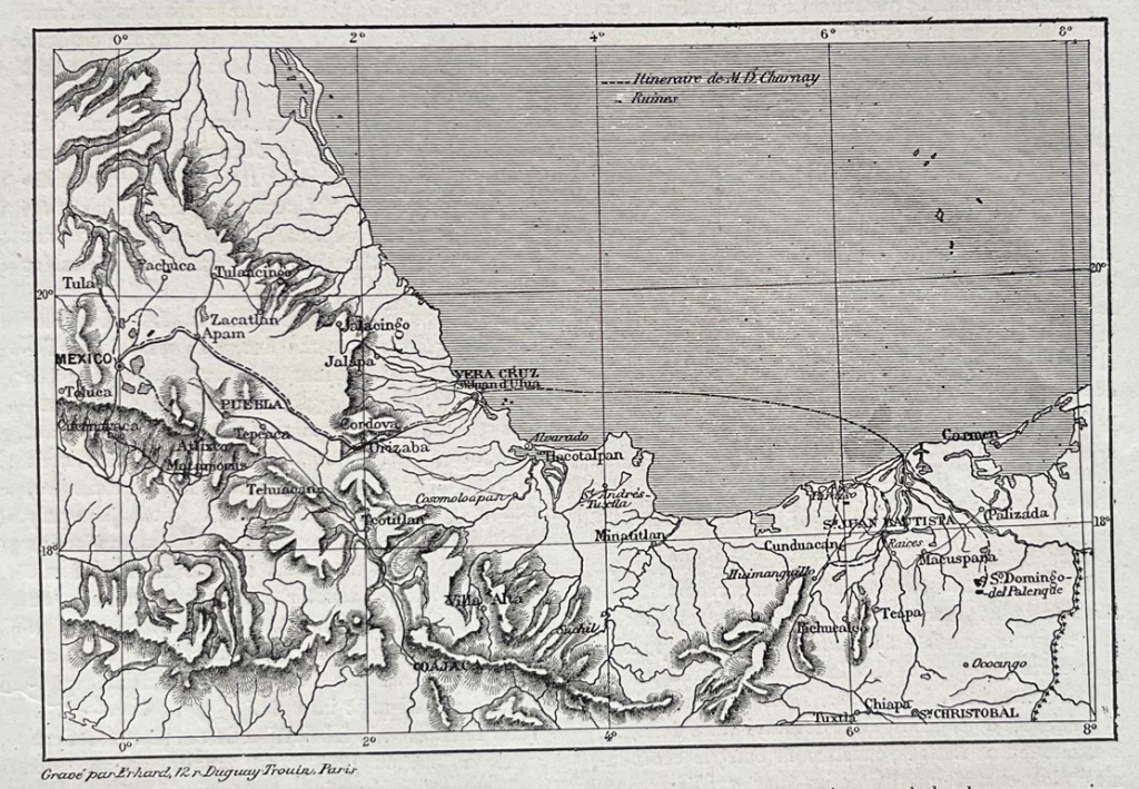 Mapa de uno de los viajes  de Chamay en México, 1881. Ernard