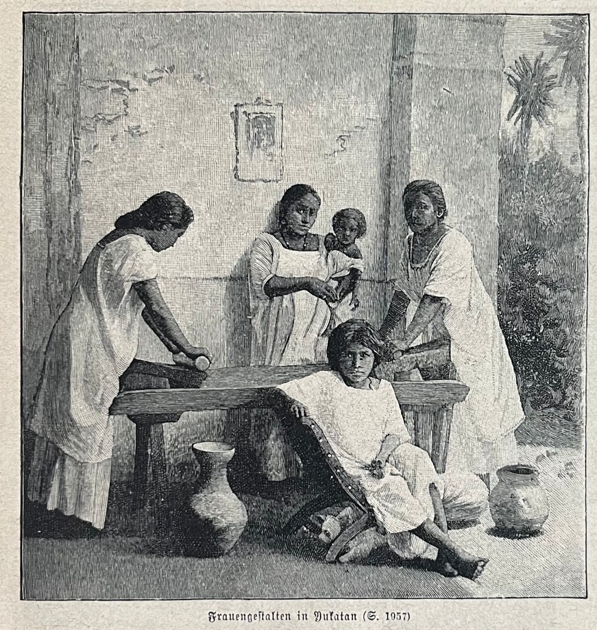 Casa señorial en Mérida (Yucatán, México) y mujeres yucatecas trabajando, 1888.