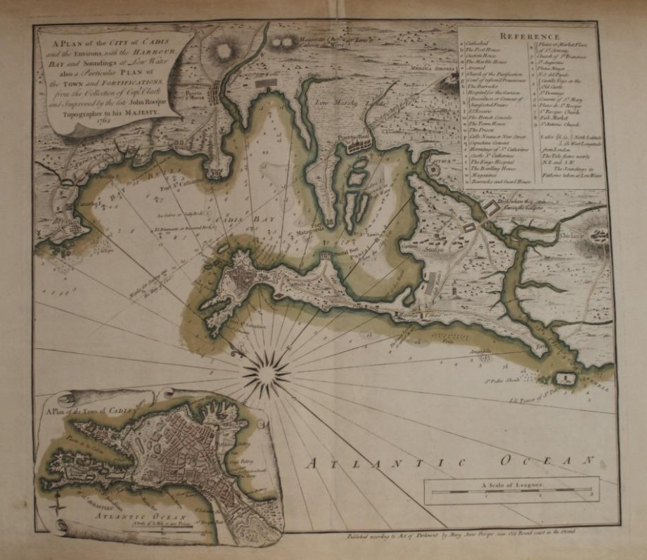 Gran carta náutica a color y vista de Cádiz (España), 1762. John Rocque