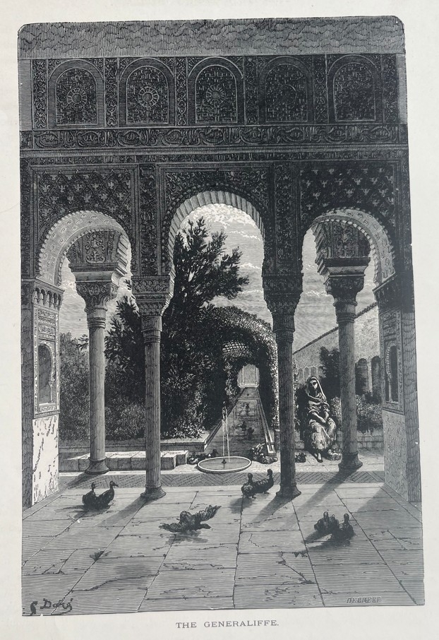 Gran vista del palacio de El Generalife (Granada, España), hacia 1850.