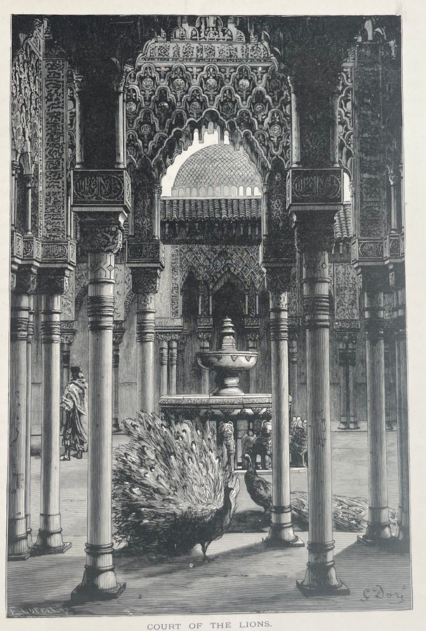 Gran vista del patio de los leones en La Alhambra (Granada, España), hacia 1850. G. Doré