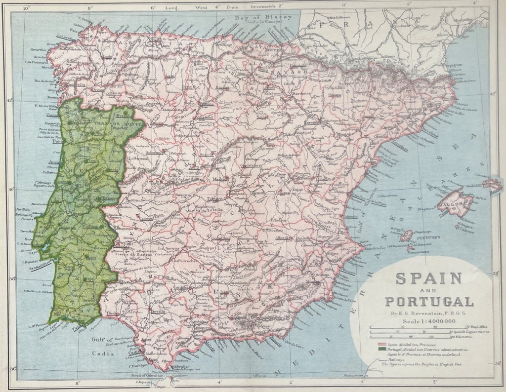 Mapa a color de España y Portugal, hacia 1885. Revenstein /Apleton & Co