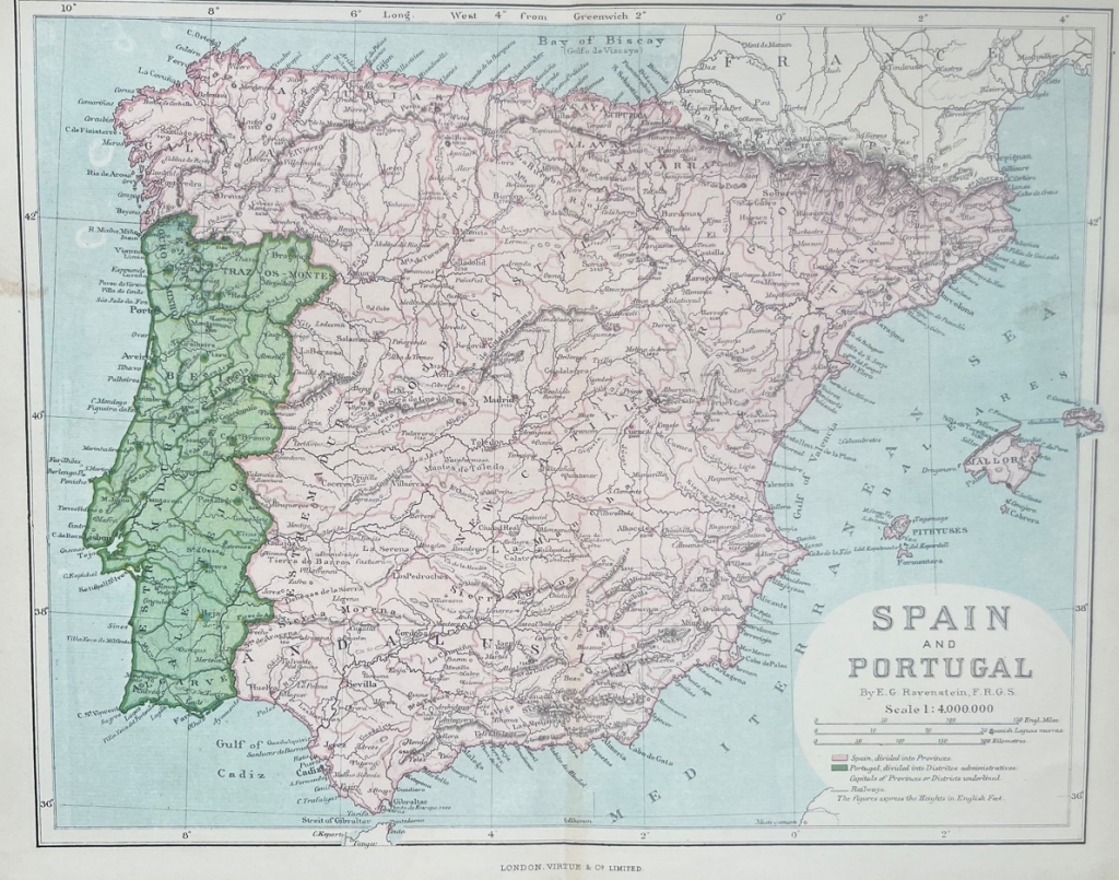 Mapa a color de España y Portugal, hacia 1885. Revenstein / Virtus & Co Limited