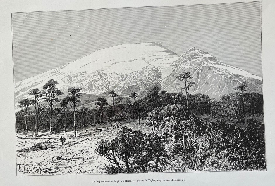 Vista del volcán Popocatépetl y el Iztaccíhuatl (México),  1881. Taylor