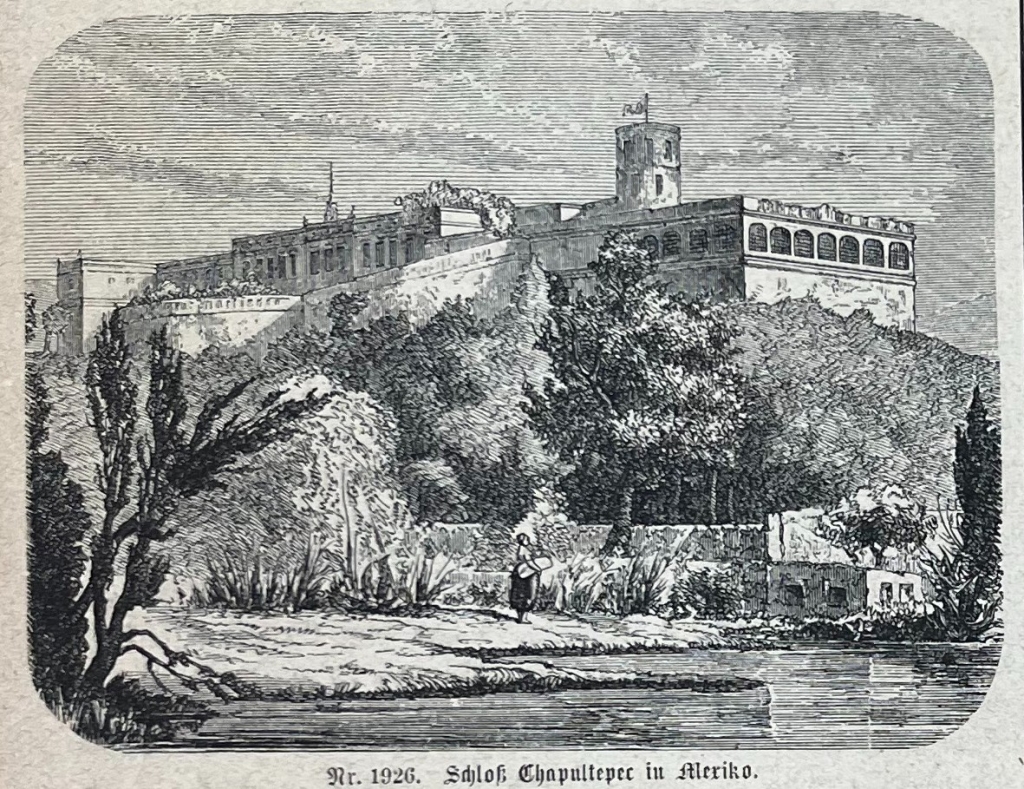 Castillo de Chapultepec (México) y torre de telégrafo, 1874. Anónimo