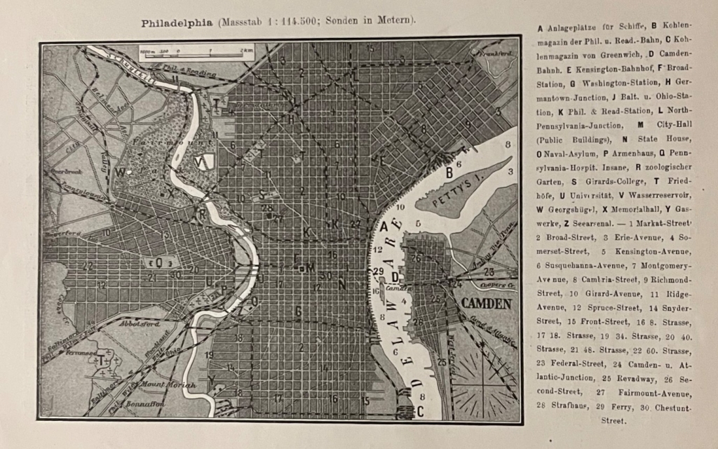 Plano de la ciudad de Filadelfia (Pensilvania, EEUU), hacia 1890. Anónimo alemán