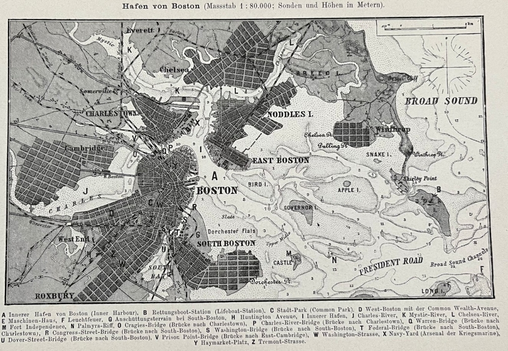 Mapa de Boston e inmediaciones (Massachusets, EEUU), hacia 1890. Anónimo alemán