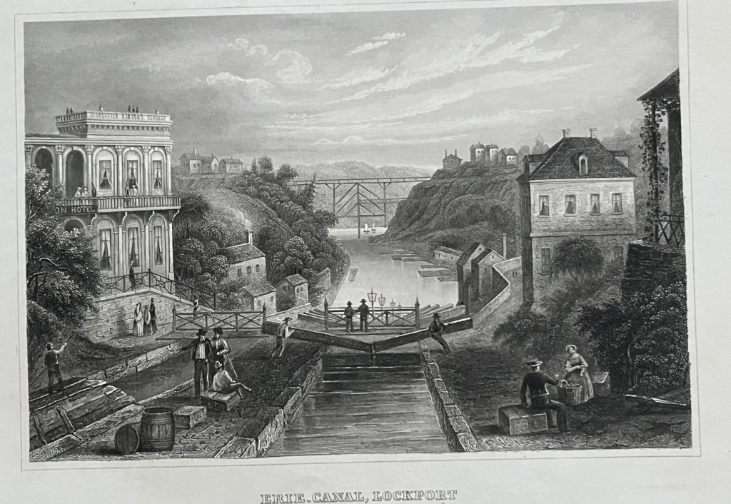 Vista del canal Erie y  Esclusa en Lockport  (EEUU), hacia 1850. Meyer