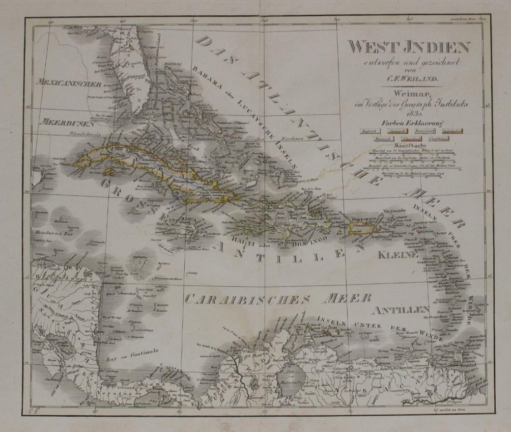 Mapa a color de las antiguas Indias Occidentales, 1830. C. F. Weiland