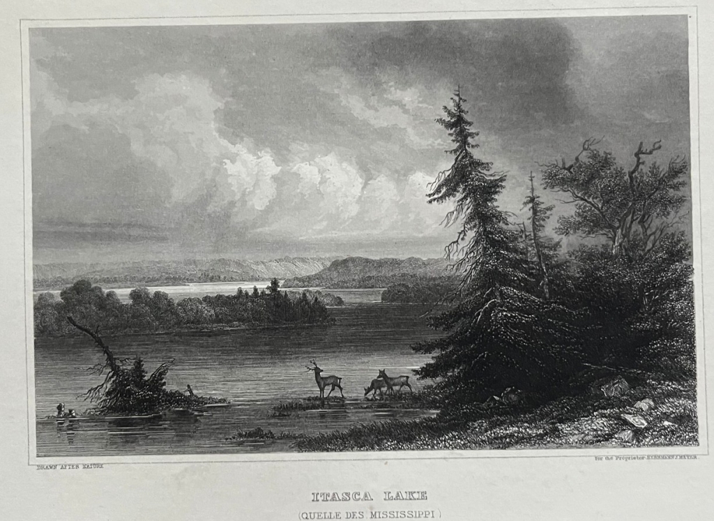 El lago Itasca y el nacimiento del río Missisipí (MInnesota, EEUU), ca. 1850. Meyer