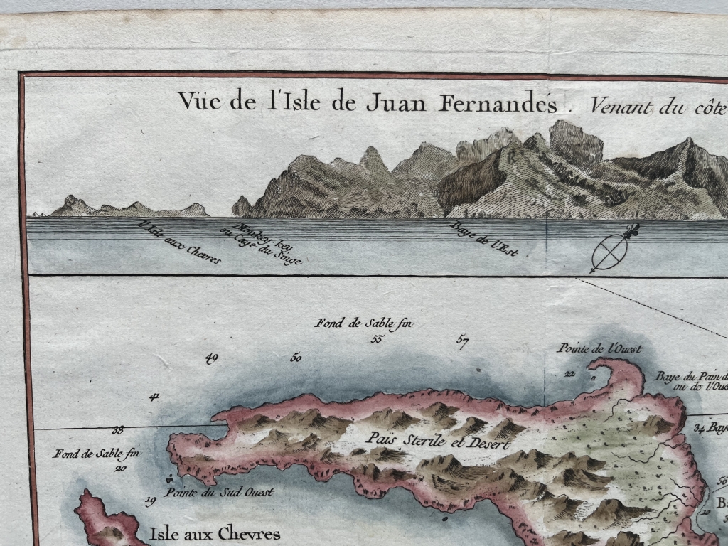 Vista y  carta náutica  de la Isla de Juan Fernandez (Chile), 1758 Bellin/Anson/Prevost