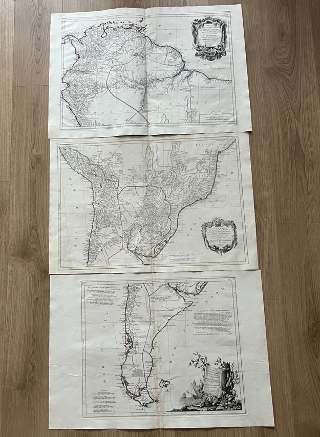 Gran mapa mural (3 hojas) de América del sur, 1779. Anville/Santini/Remondini