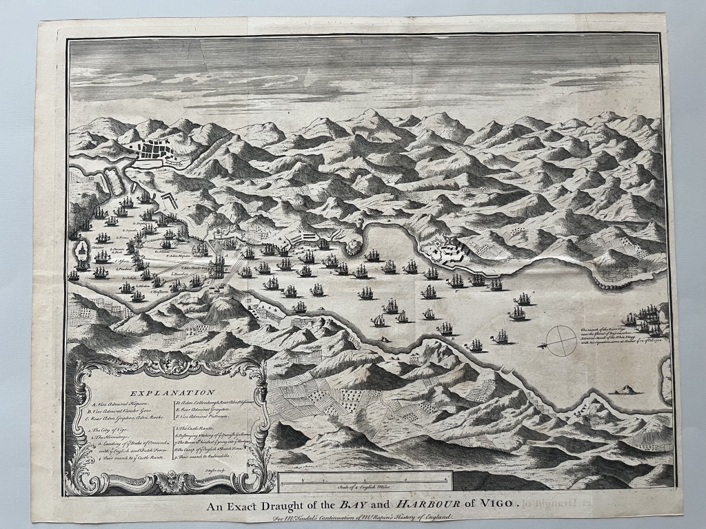 Gran plano de la batalla naval de  Vigo de 1702  (Galicia, España), 1747. Seale(Basire/Tindal/Rapin/Knapton