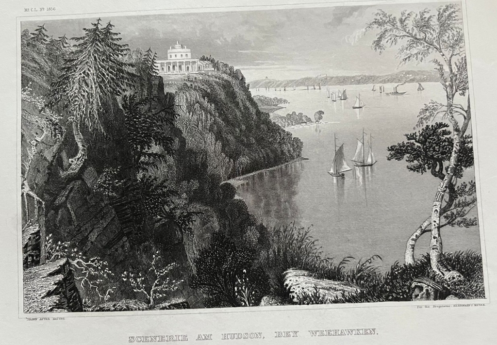 El río Hudson por Weehawken (Nueva Yersey, EEUU), hacia 1850. H.J. Meyer