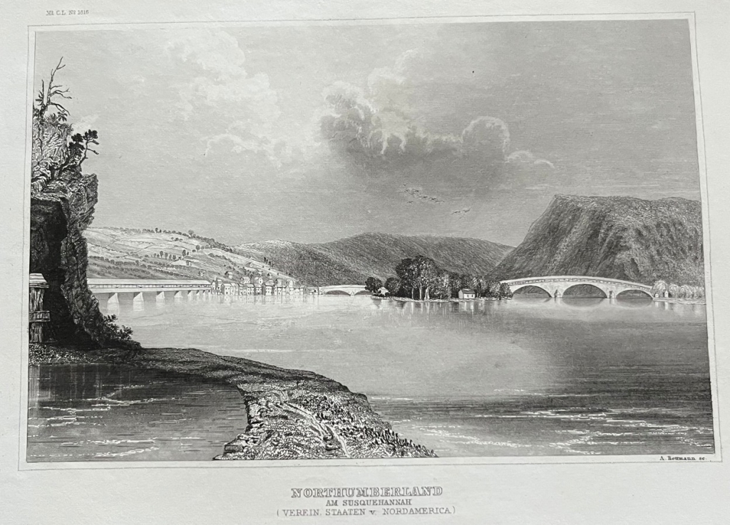 Vista panorámica de Northumberland (Pensilvania, EEUU), hacia 1850. A. Roumann