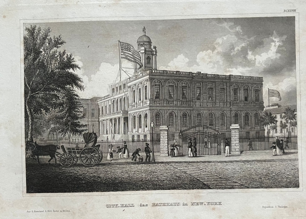 Vista del ayuntamiento de Nueva York (EEUU), 1838. Biblio. Inst. Hild.