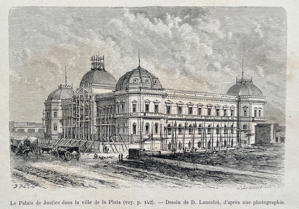 Antiguo palacio de Justicia y canal con barcos en La Plata (Argentina), ca. 1888. Lancelot/Bertrand