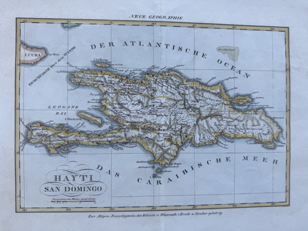 Mapa de la isla de Santo Domingo (Caribe, América), hacia 1860. W.Herz/Ersch y Gruber