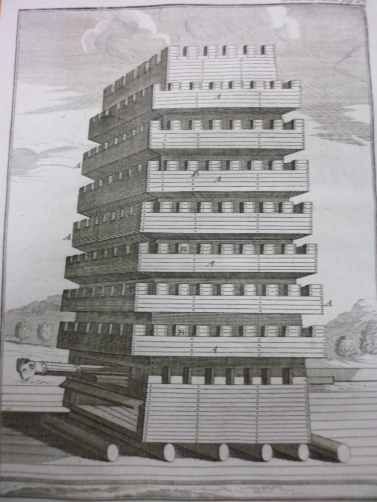 Torre de asedio militar romana, encima de rodillos, 1759, Polibio Trattner