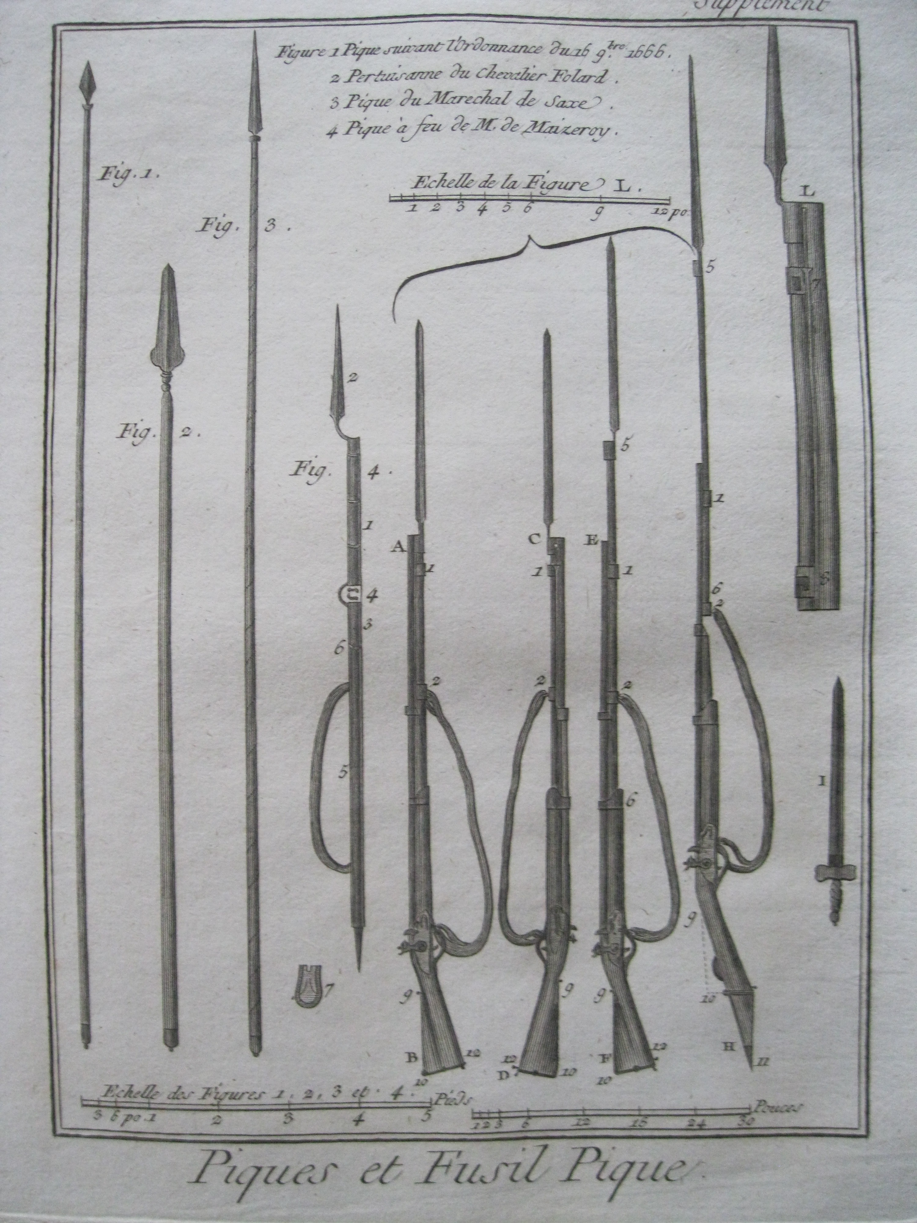 Arte militar . Picas y fusil con bayoneta. Diderot et D'Alembert, 1779