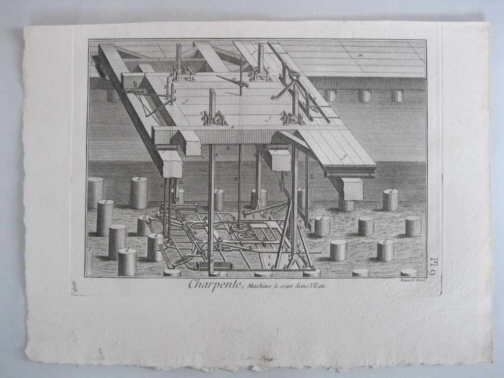 Oficios. Charpente, Machine á scier dans l'Eau. Diderot y D'Alembert, 1779