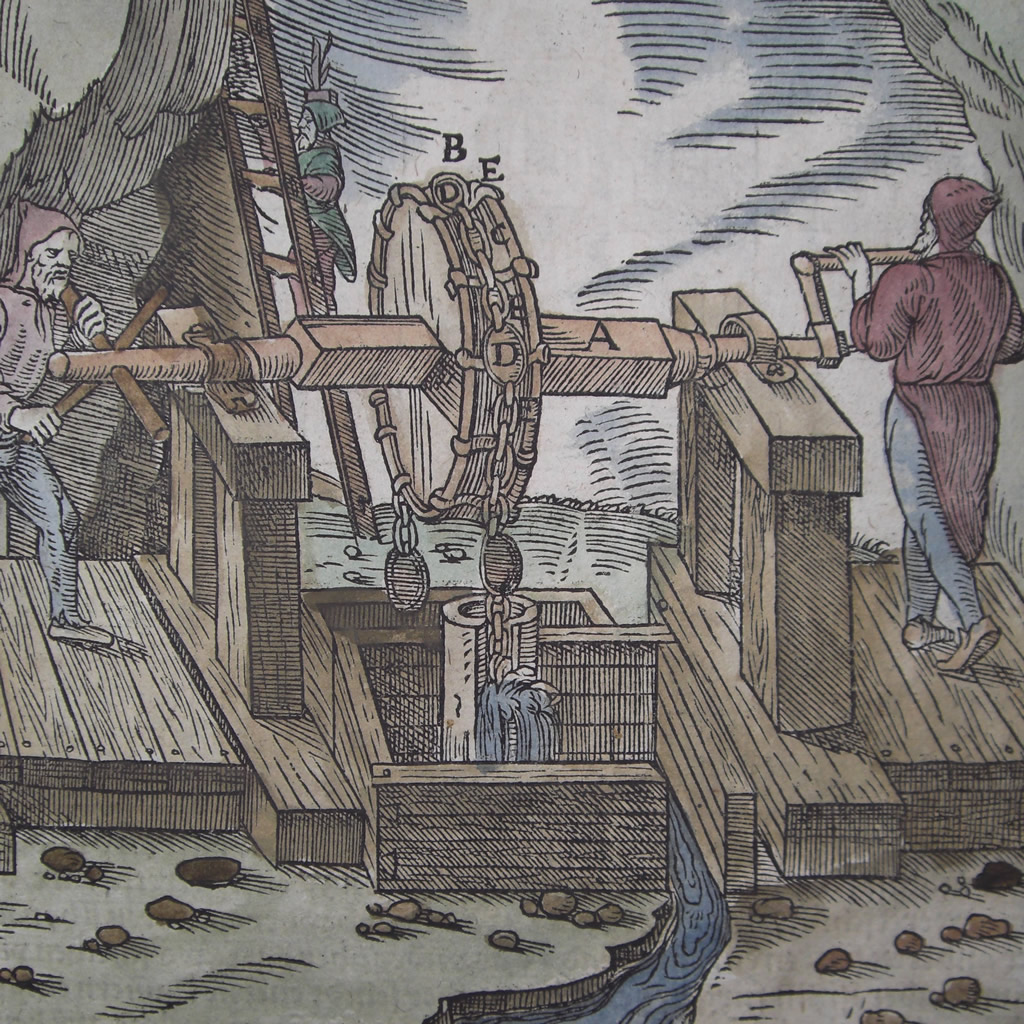Bombas de agua en mina, Agrícola, 1557