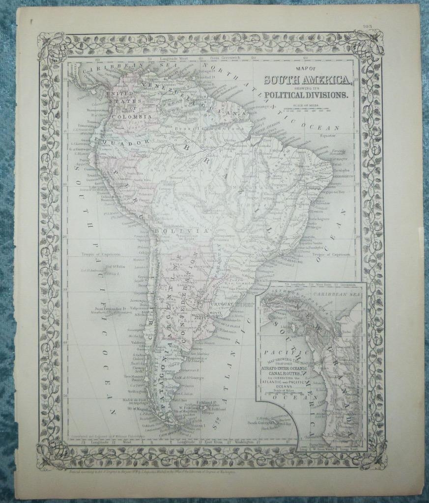 Mapa de América del Sur, 1879. Samuel Augustus Mitchell