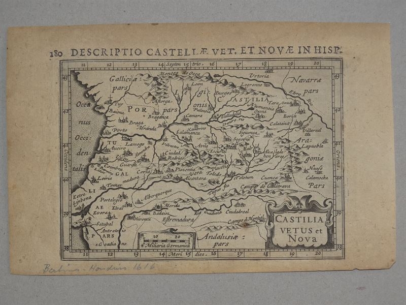 Antiguo mapa de Castilla (España), 1616. Bertius/Hondius