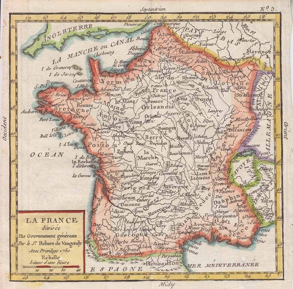 Mapa de Francia, 1755. Robert Vaugondy/ Crozat