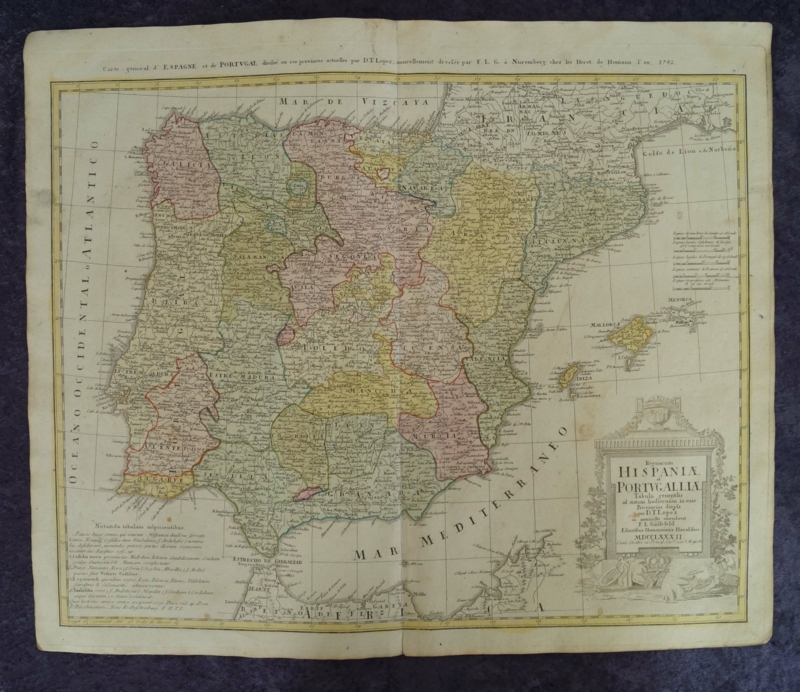 Gran mapa de España y Portugal, 1782. Homann
