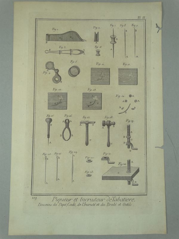 Piqueur et Incrusteur de Tabatiere, Desseins du Piqué..., 1775. Diderot/D'Alembert