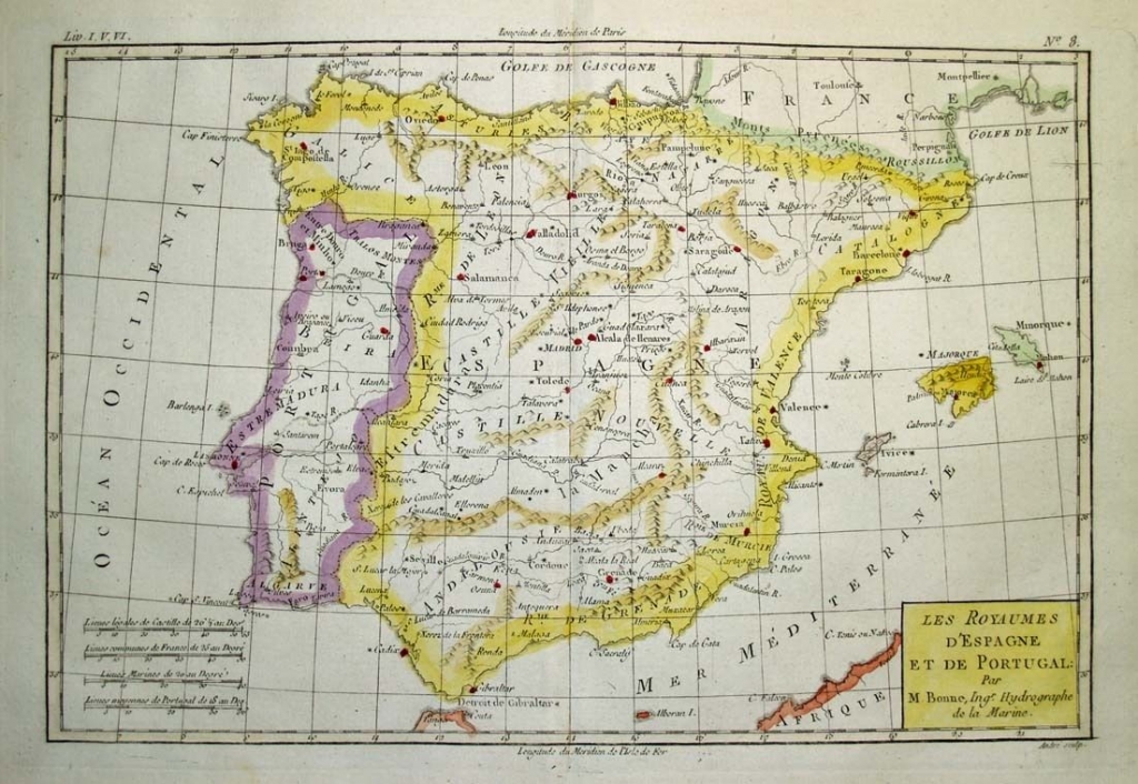 Mapa de España y Portugal, 1781. Bonne