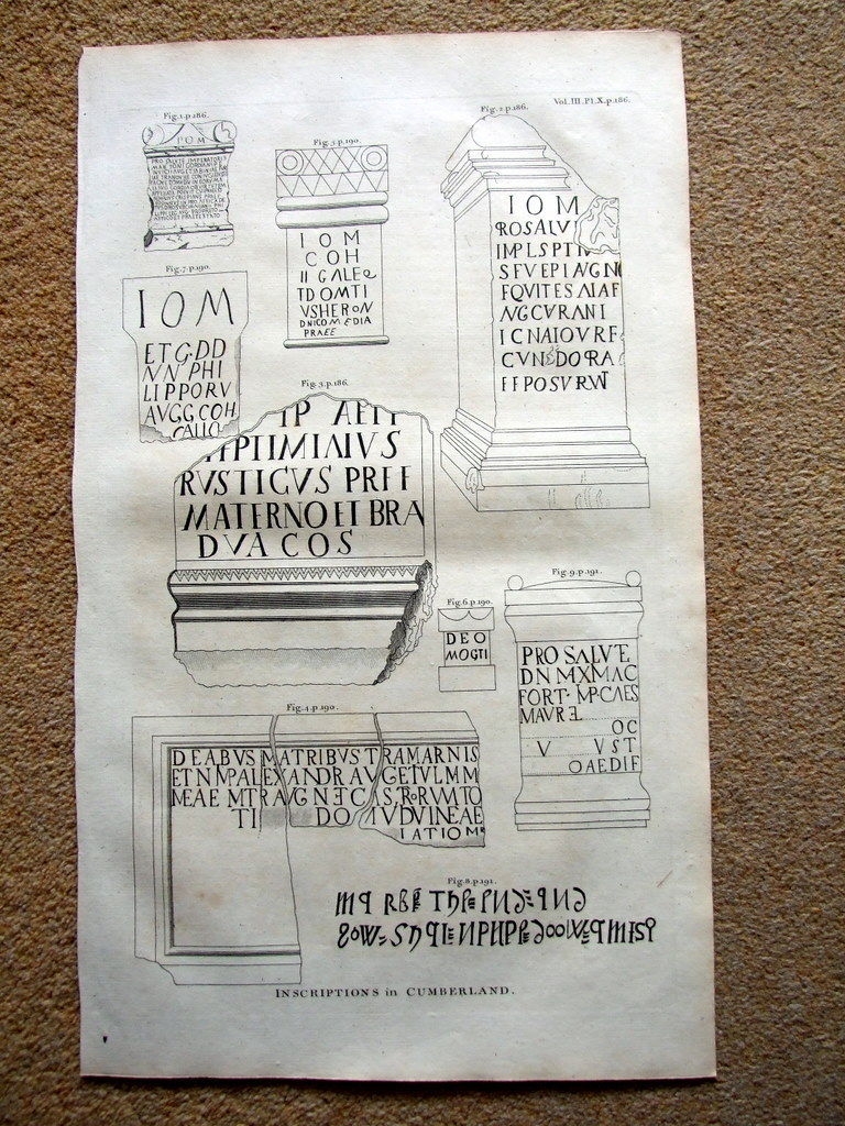 Inscripciones romanas en piedra Cumberland I (Reino Unido), 1789. William Camden