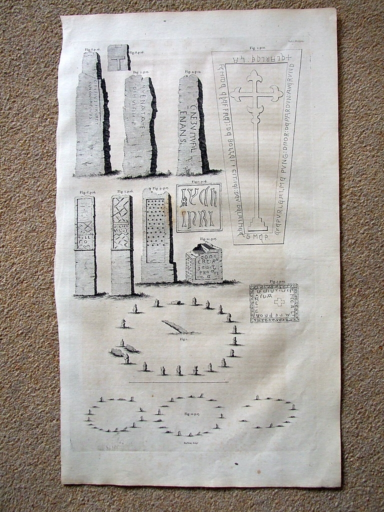 Monumentos antiguos megalíticos y medievales, Cornwall, Reino Unido) 1789. William Camden
