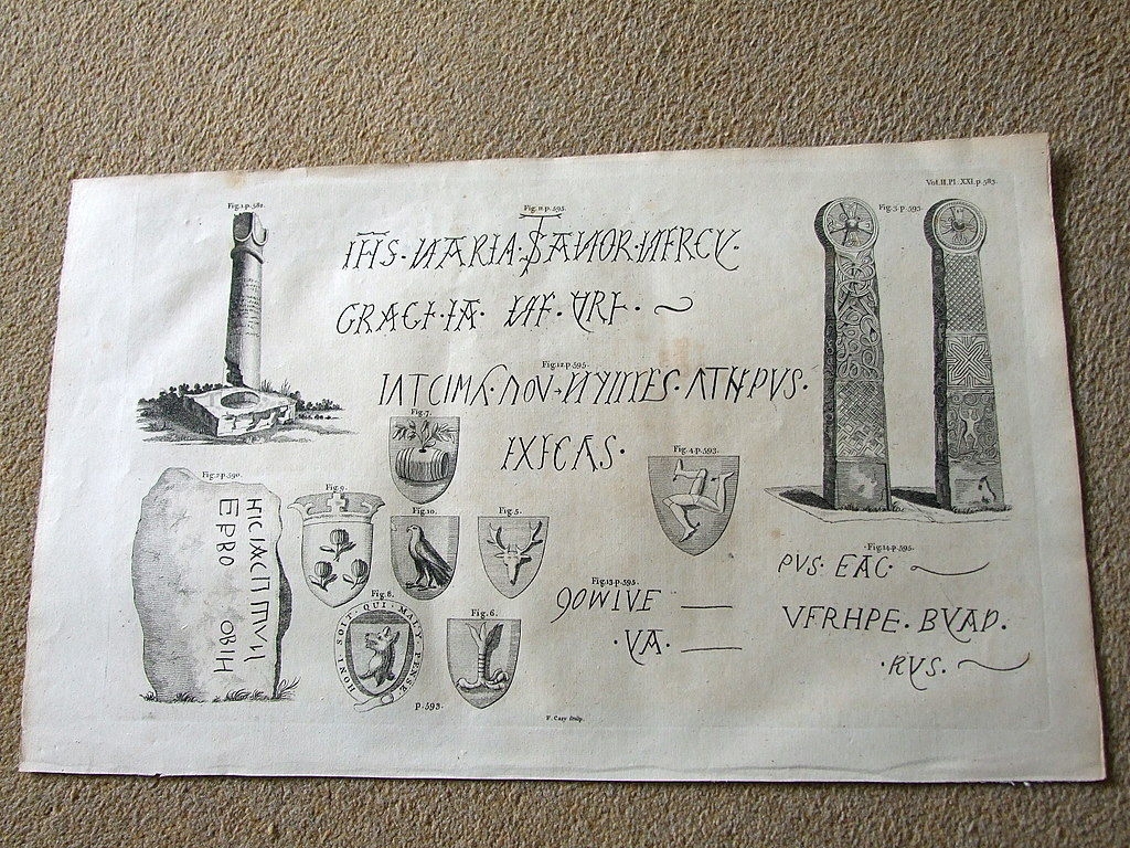 Cruces, inscripciones y escudos heráldicos medievales, Gales (Reino Unido), 1789. Camden